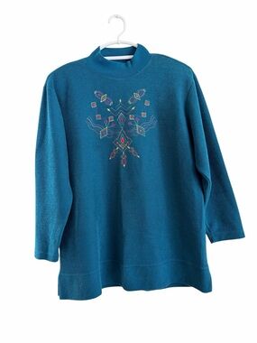 Vintage Adolfo Sport Teal Embroidered Long Sleeve Women's Top Size L